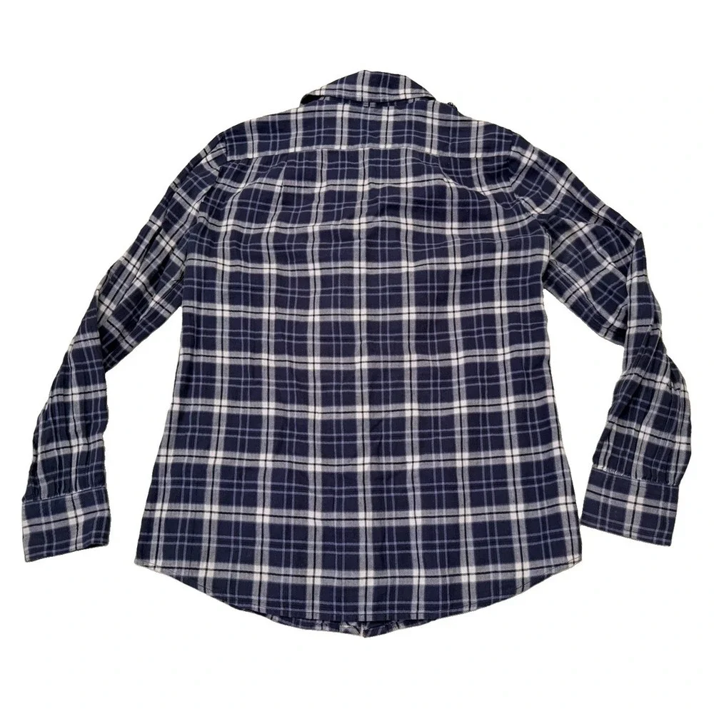 Banana Republic Womens M Navy Plaid Ruffle Front Button Down Shirt Preppy